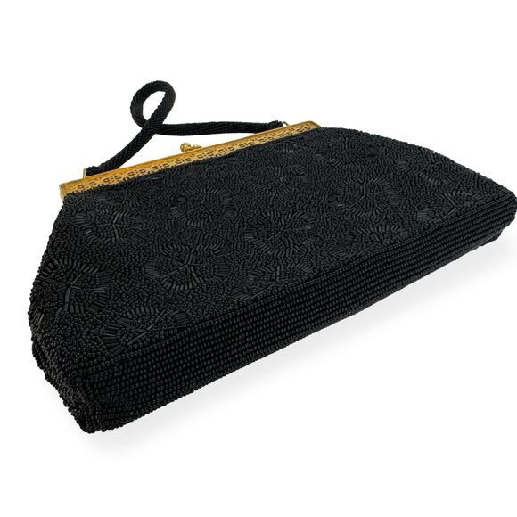 Vintage 1950s Black Beaded Hong Kong Evening Purse Gold Filigree AB Clasp - Picture 7 of 16